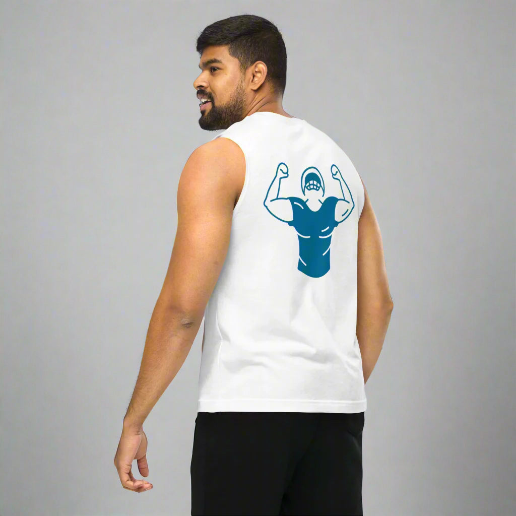 Man wearing a white sleeveless shirt with a blue graphic on the back, standing against a white background