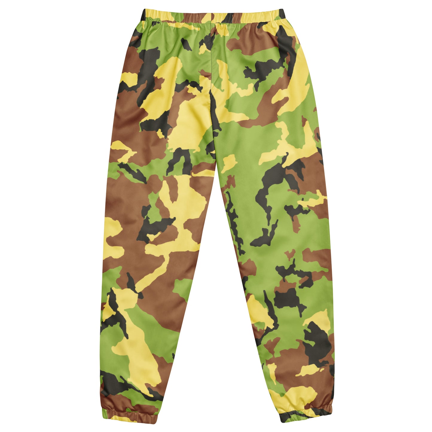 Camouflage pants with green, brown, and yellow pattern on a white background