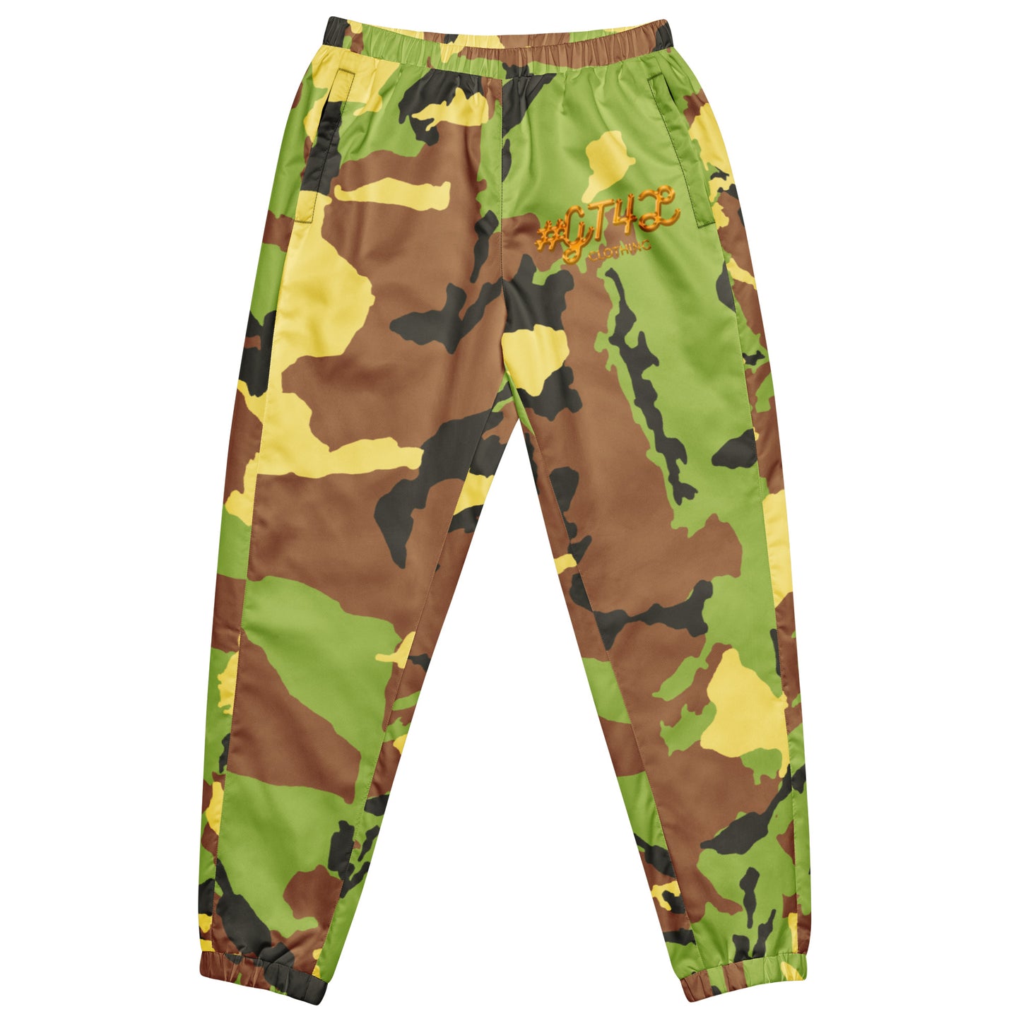 Camouflage pants with a brand logo on a white background