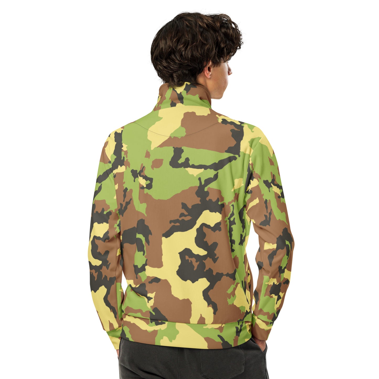 Person wearing a camouflage jacket on a white background
