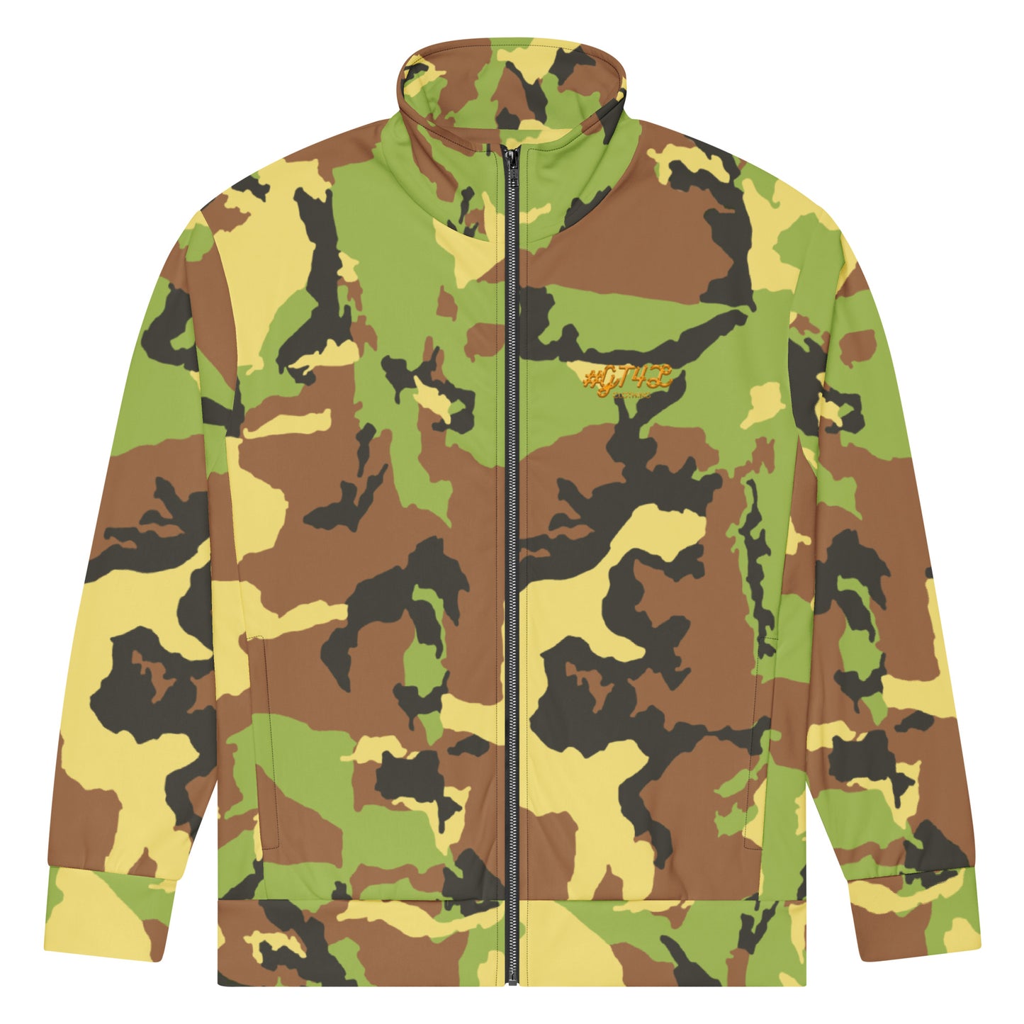 Camouflage jacket with a brand logo on a white background