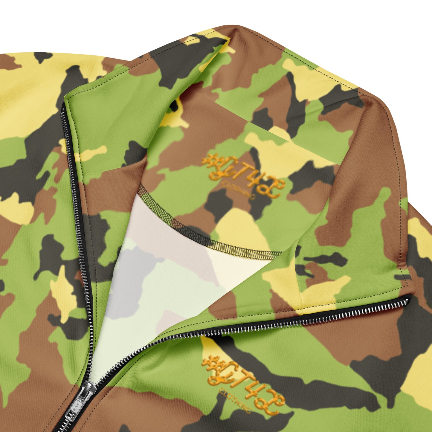 Camouflage jacket with a brand logo on a white background