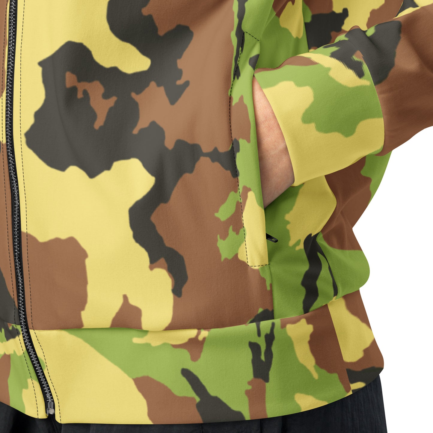 Camouflage-patterned jacket with yellow, green, and brown colors.