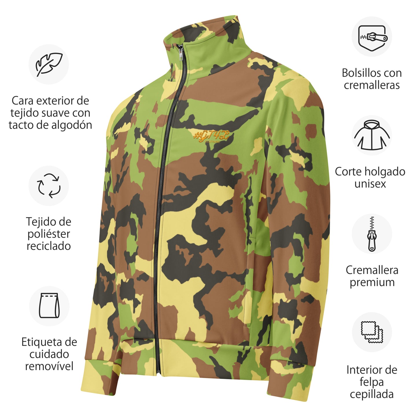 Camouflage jacket with features listed on a white background