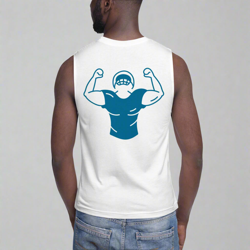 Person wearing a white sleeveless shirt with a blue graphic on the back