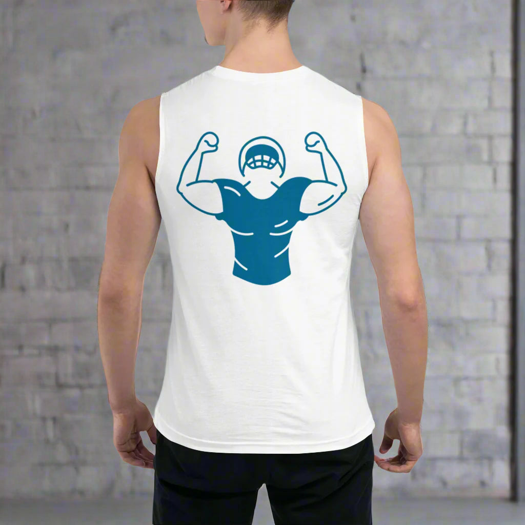 Person wearing a white sleeveless shirt with a blue graphic design on the back.