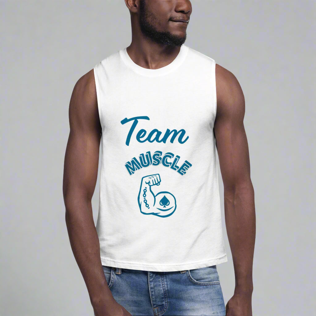 Person wearing a white sleeveless shirt with 'Team Muscle' text and graphic on a white background