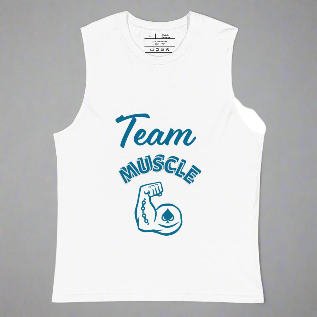White sleeveless shirt with blue 'Team Muscle' text and graphic on a white background