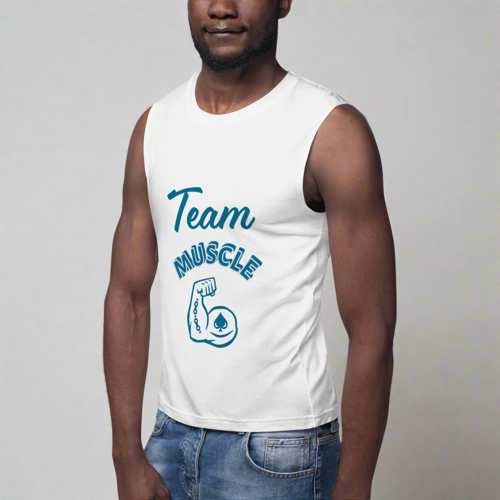 Man wearing a white sleeveless shirt with 'Team Muscle' text and graphic on a white background