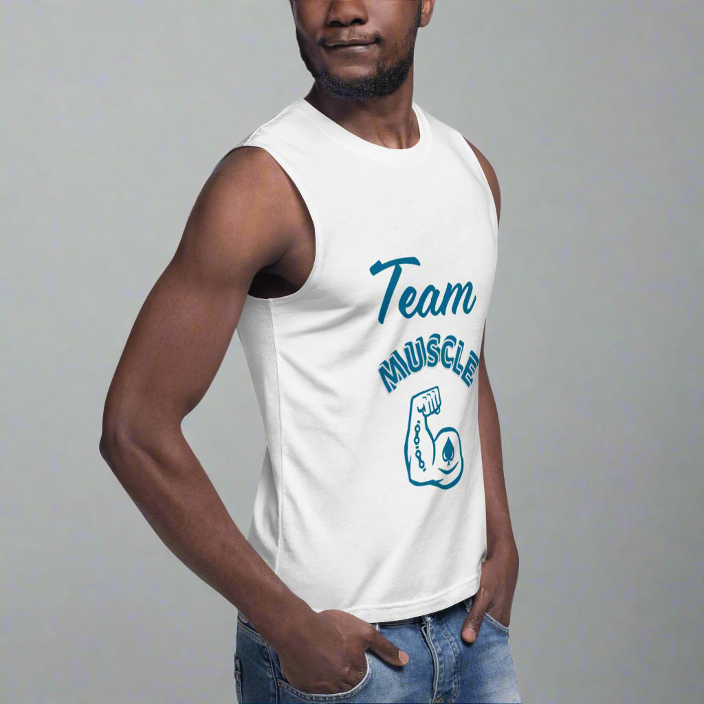 Man wearing a white sleeveless shirt with 'Team Muscle' text and graphic on a white background