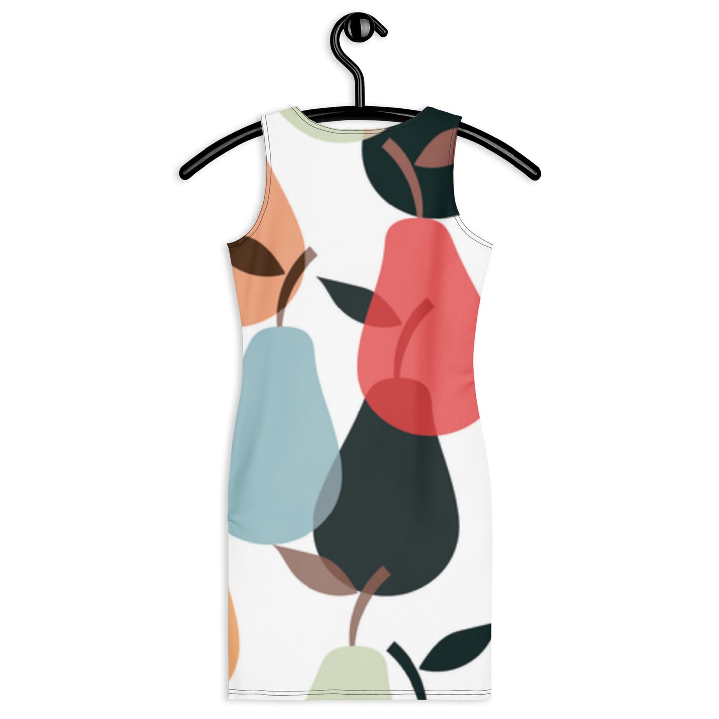 Tank top with abstract fruit design on a hanger against a white background