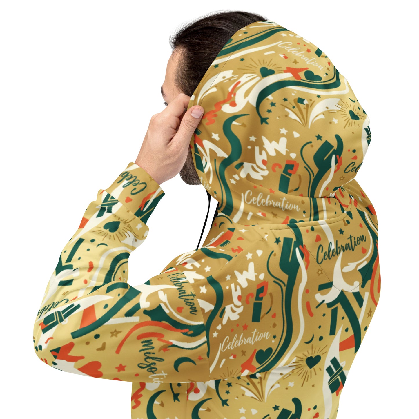 Person wearing a colorful hoodie with 'Celebration' text on a white background