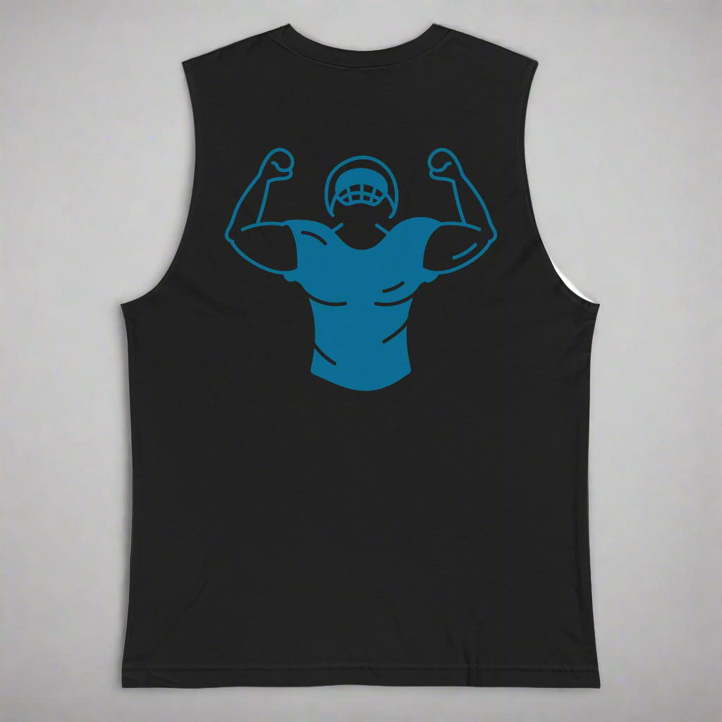 Black sleeveless shirt with blue graphic of a muscular figure on a white background