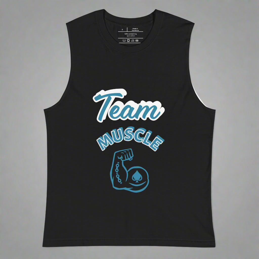 Black tank top with 'Team Muscle' text and graphic on a white background