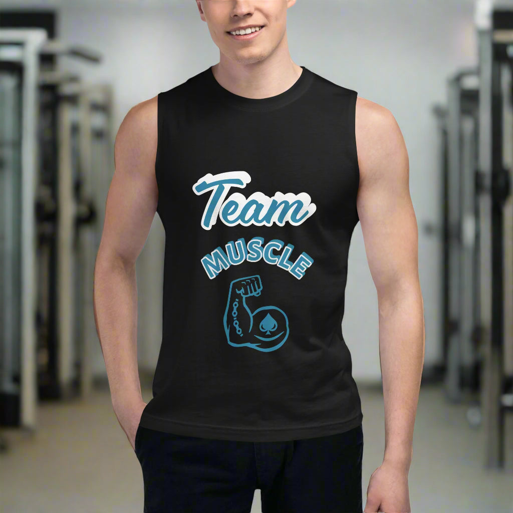 Person wearing a black sleeveless shirt with 'Team Muscle' text and graphic on a white background