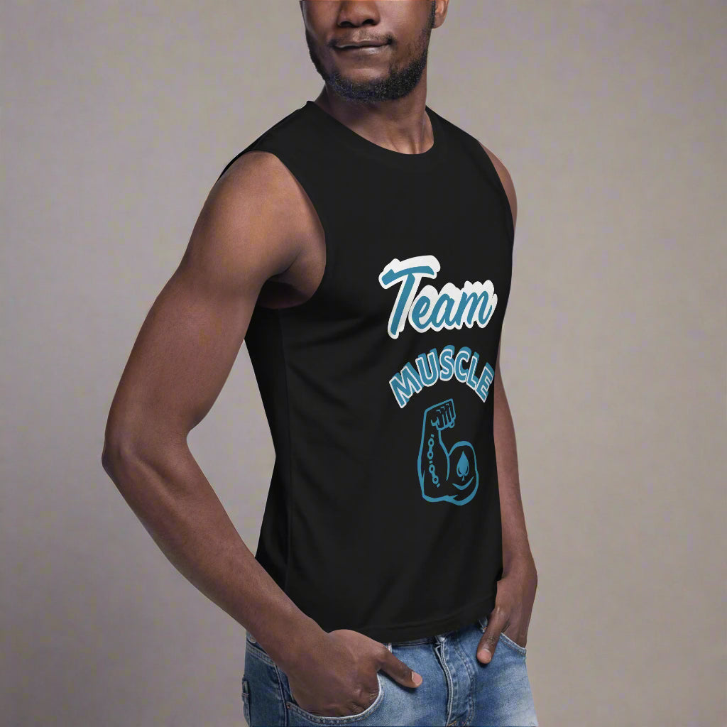Man wearing a black sleeveless shirt with 'Team Muscle' text and graphic on a white background