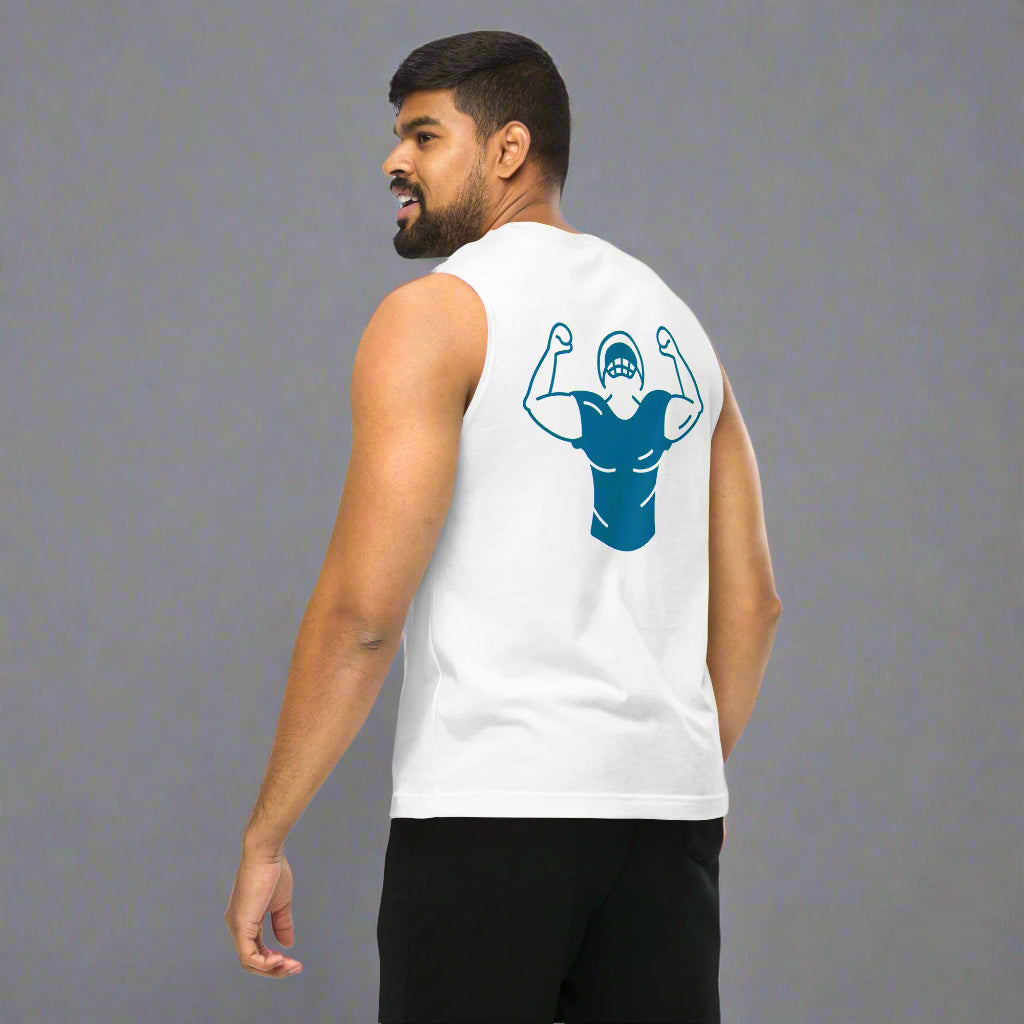 Man wearing a white sleeveless shirt with a blue graphic on the back against a white background