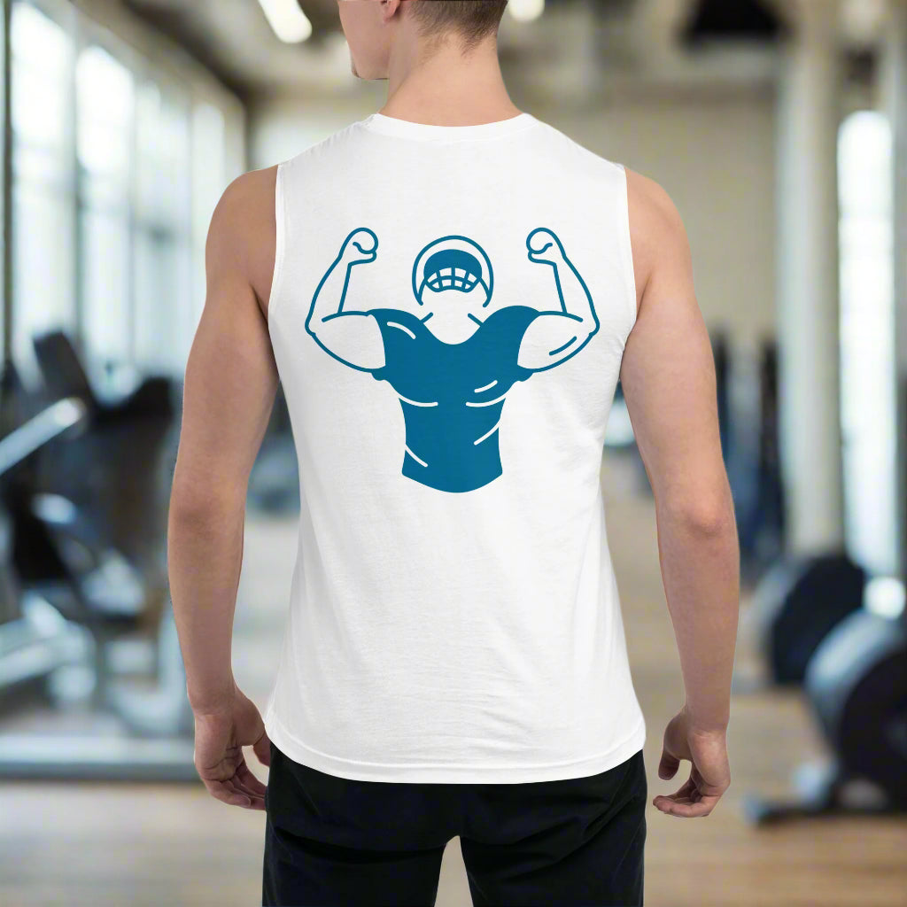 Person wearing a white sleeveless shirt with a blue graphic design on the back.
