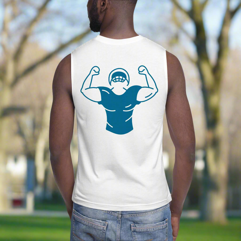 Person wearing a white sleeveless shirt with a blue graphic on the back