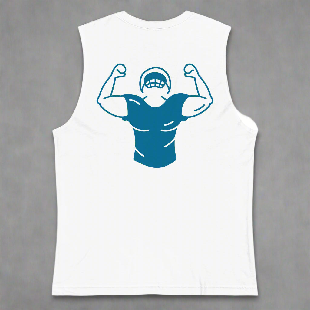White sleeveless shirt with blue graphic of a person flexing muscles on a white background
