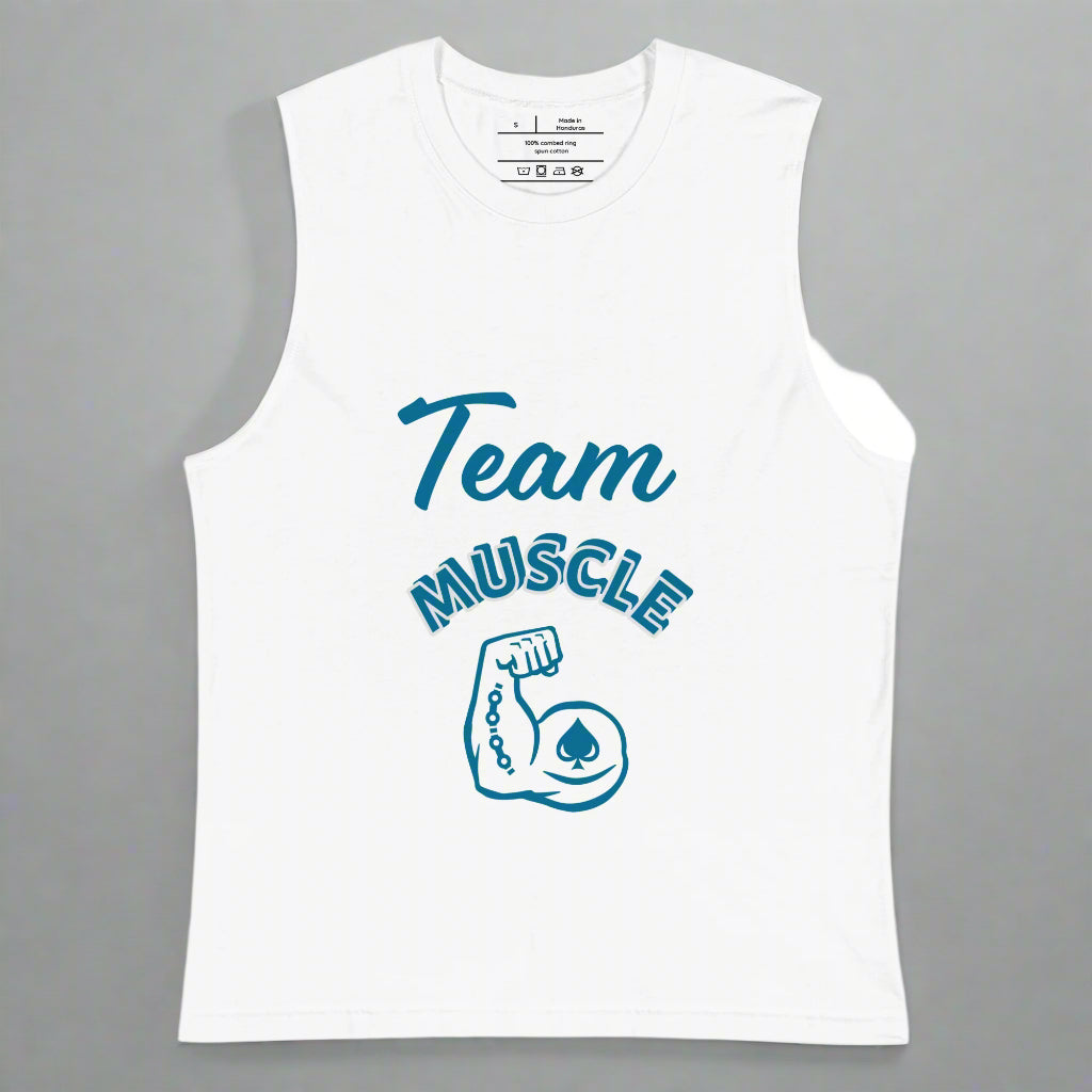 White sleeveless shirt with blue 'Team Muscle' text and graphic on a white background