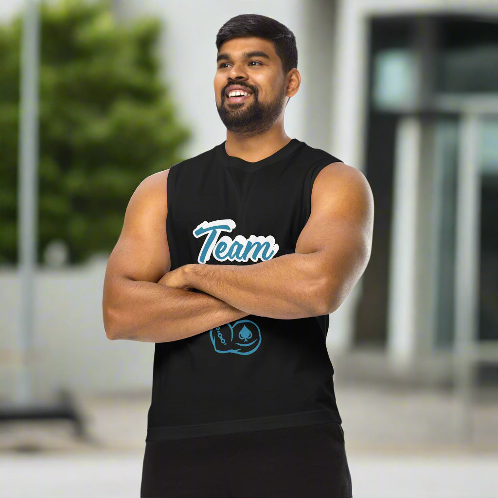 Man wearing a black sleeveless shirt with 'Team' text on a white background