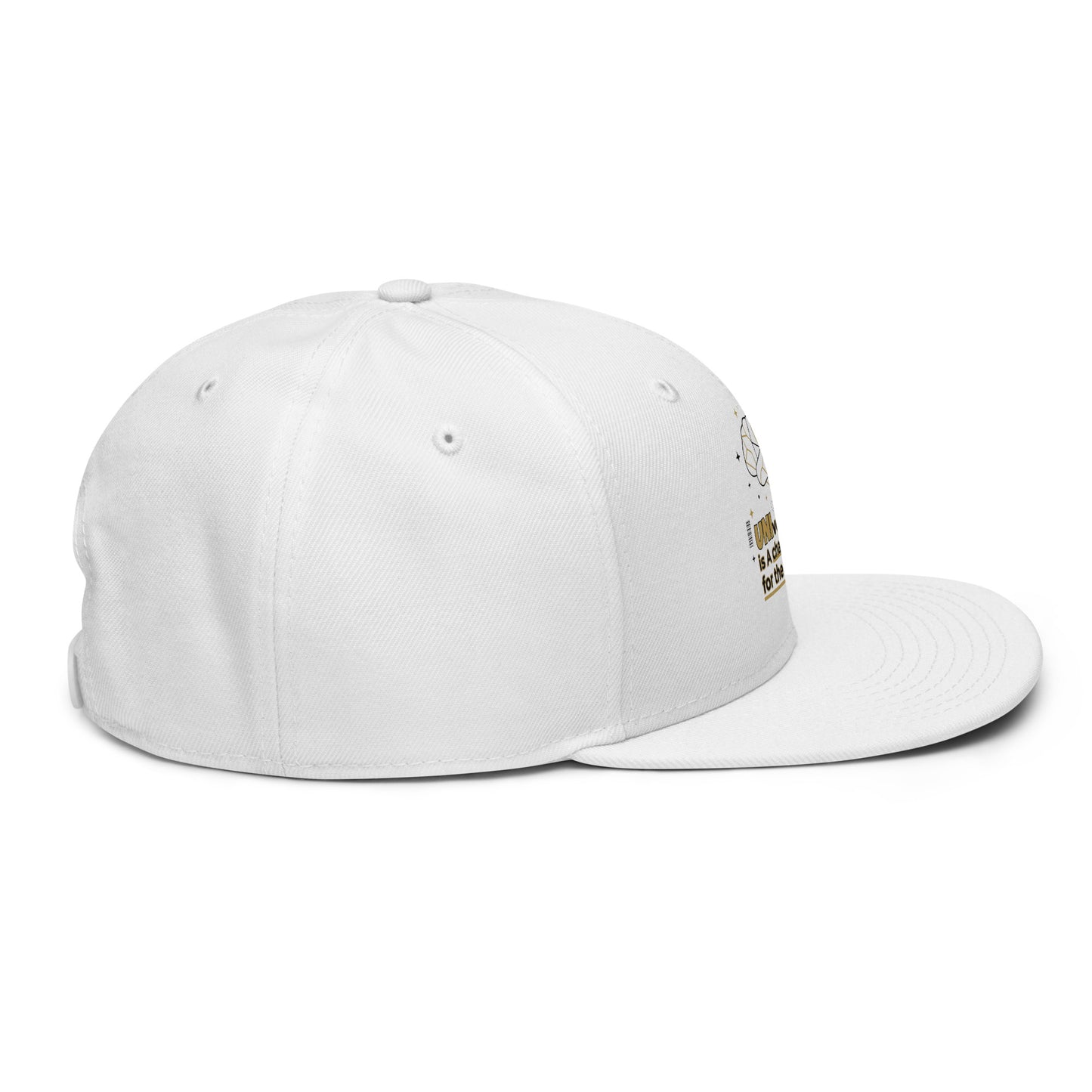 White cap with a logo on the side against a white background