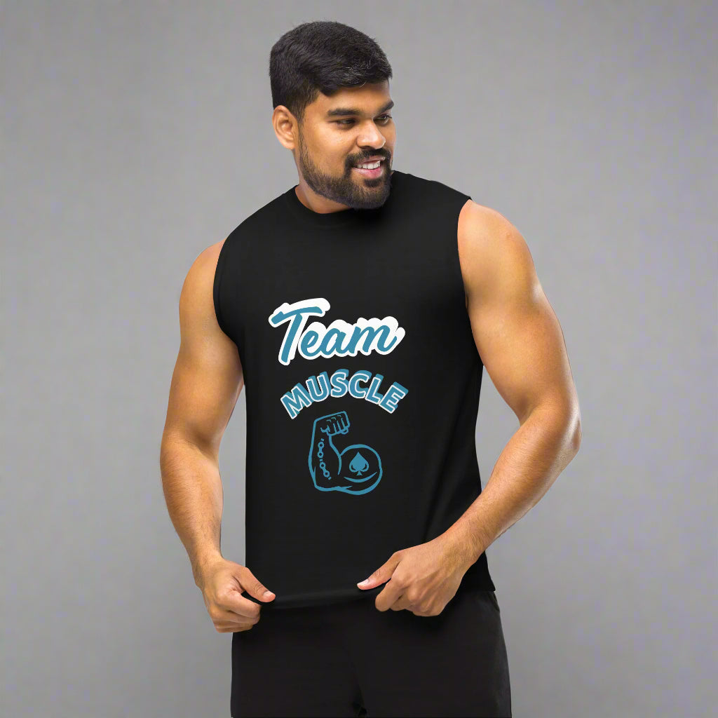 Man wearing a black sleeveless shirt with 'Team Muscle' text and graphic on a white background