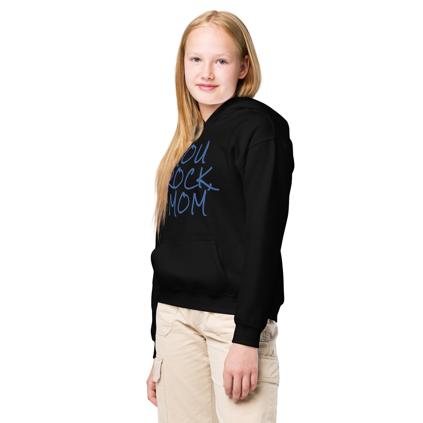 Young girl wearing a black hoodie with blue text on a white background