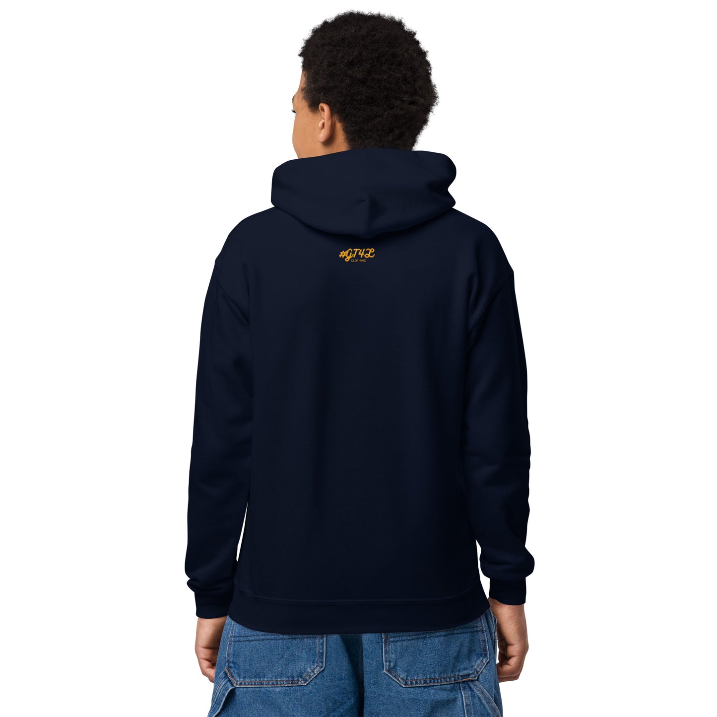 Person wearing a navy hoodie with a logo on the back against a white background