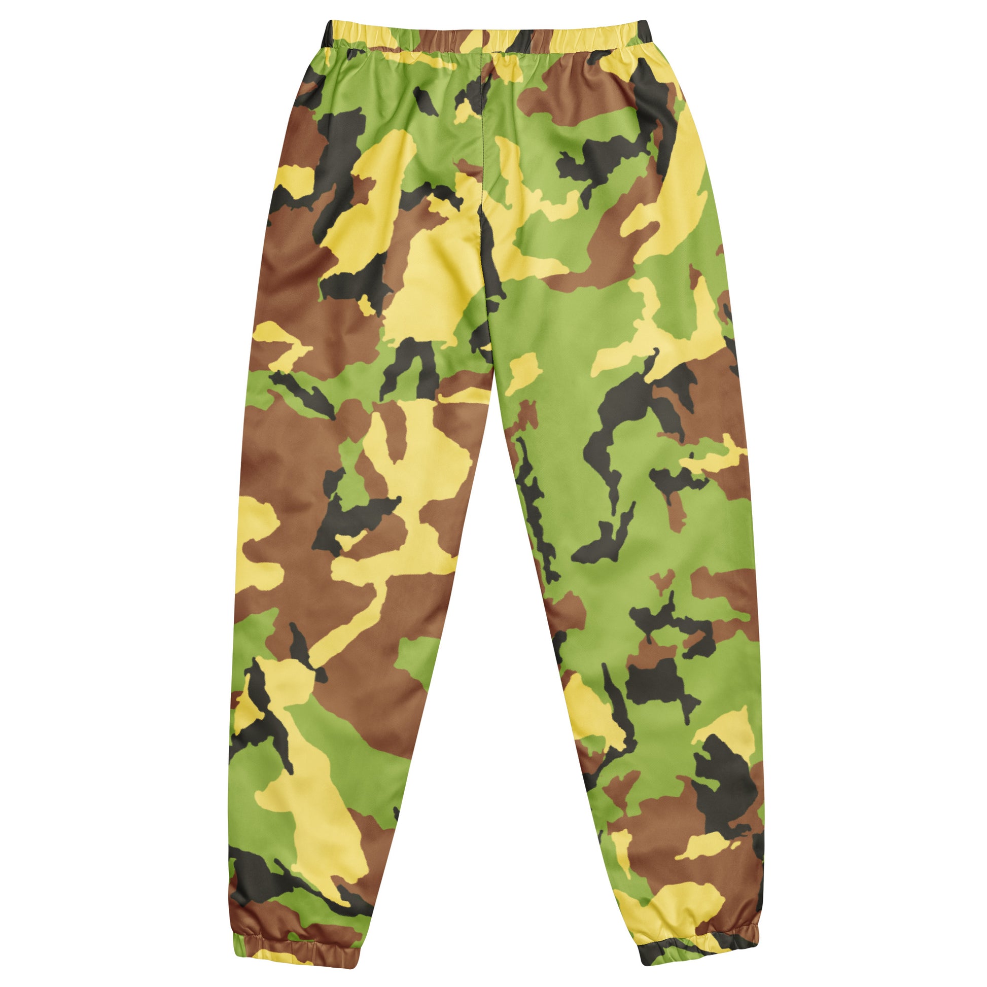 Camouflage pants with green, brown, and yellow pattern on a white background