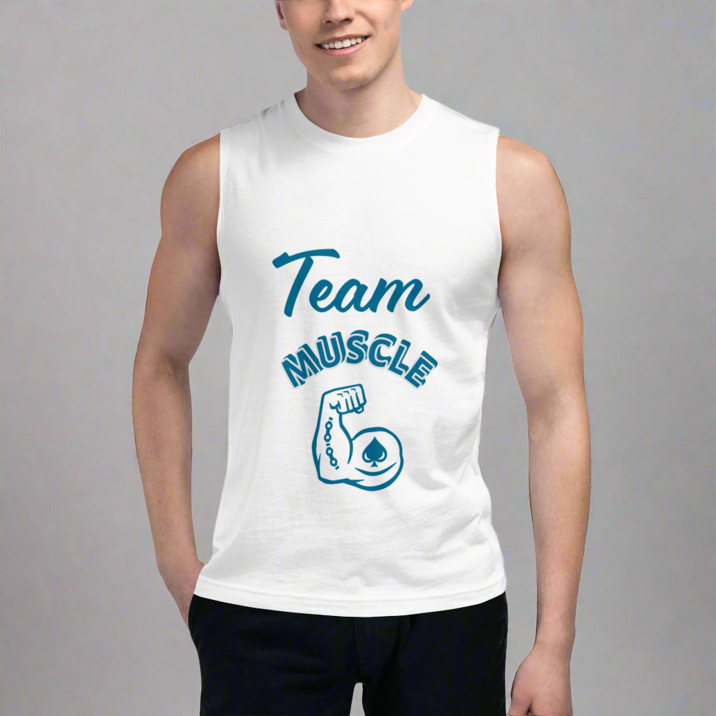 Person wearing a white sleeveless shirt with 'Team Muscle' text and graphic on a white background
