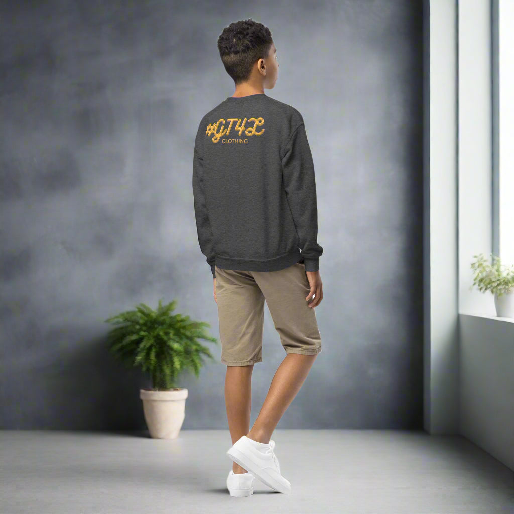 #GT4L youth-crew-neck-sweatshirt-dark-heather-right-back-67cc4aaae77a2