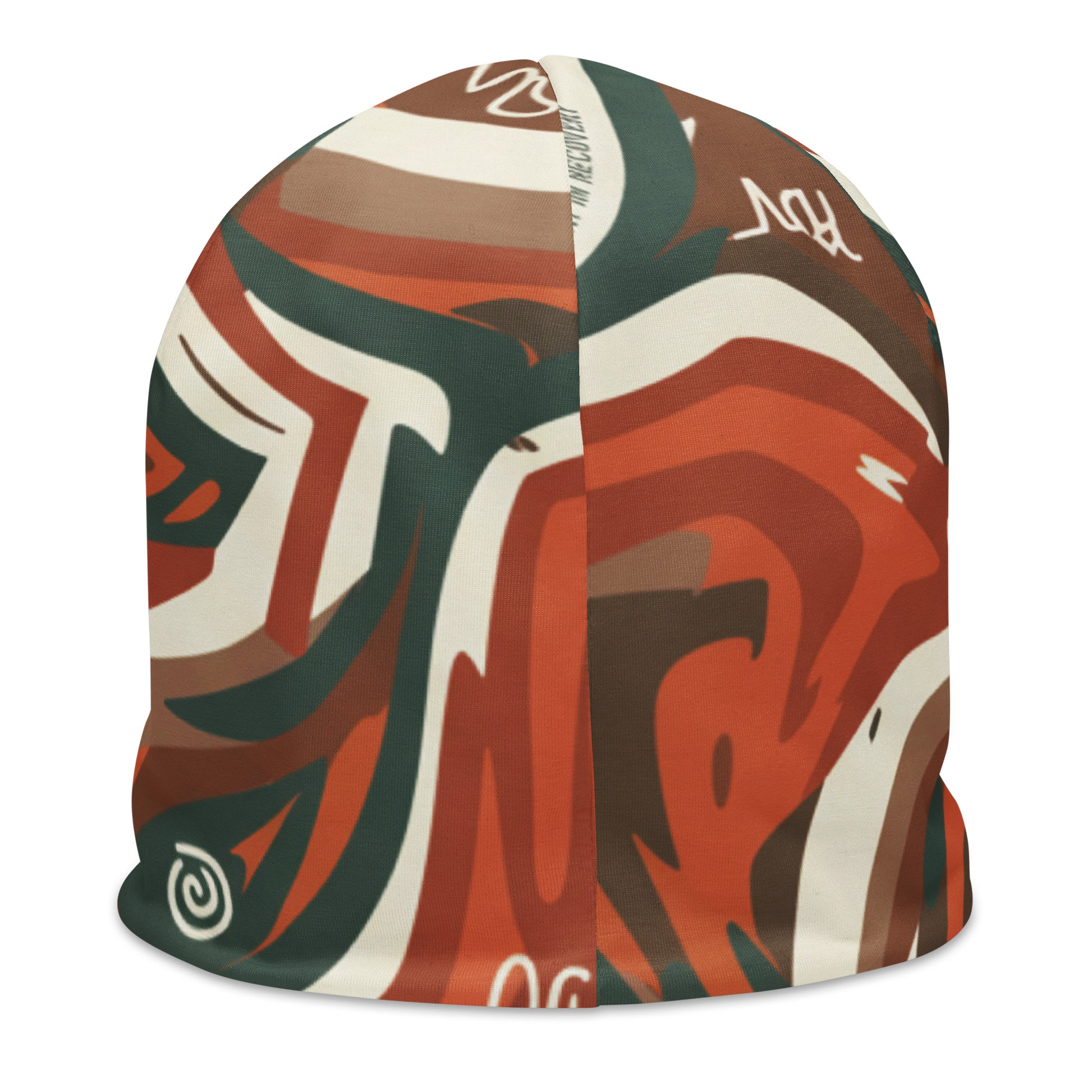 Colorful beanie with abstract pattern on a white background