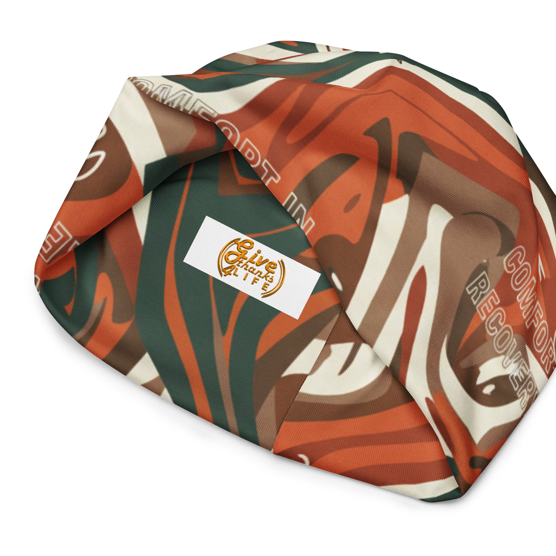 Colorful patterned product with a visible brand label on a white background