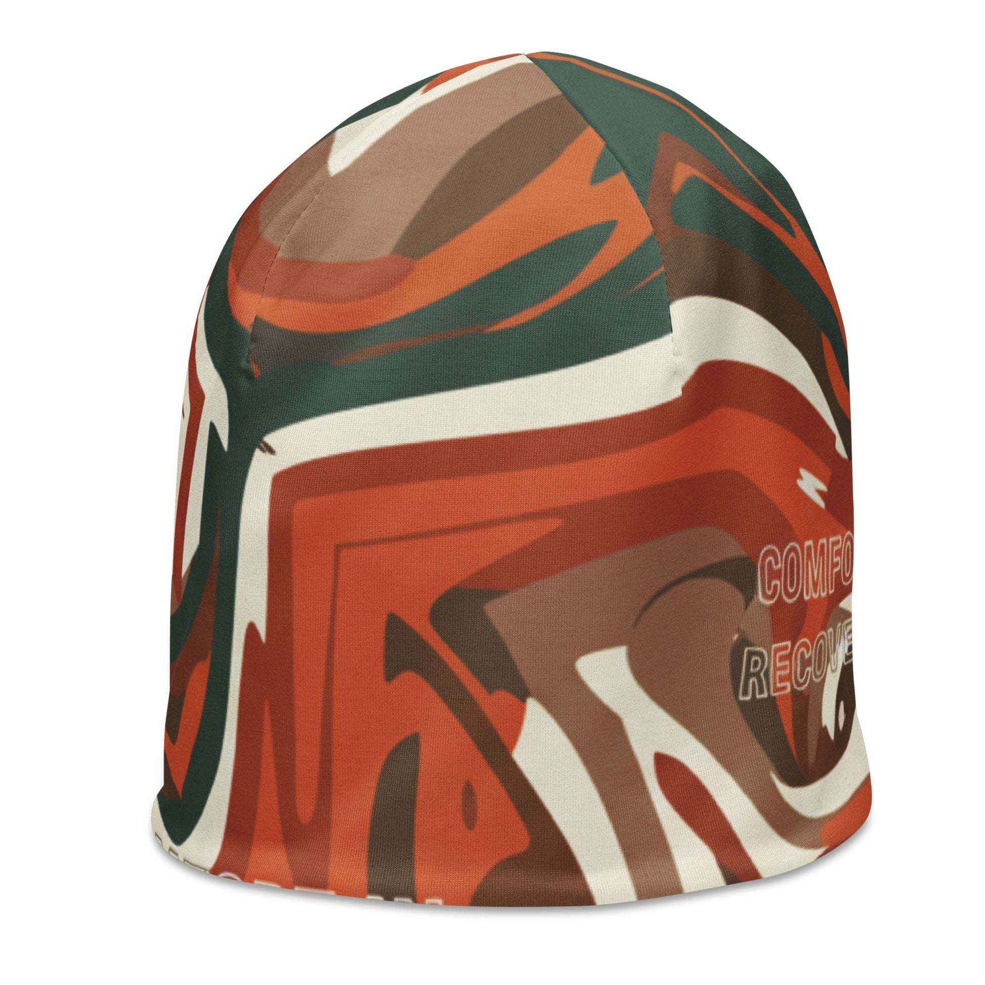 Colorful beanie with abstract pattern on a white background