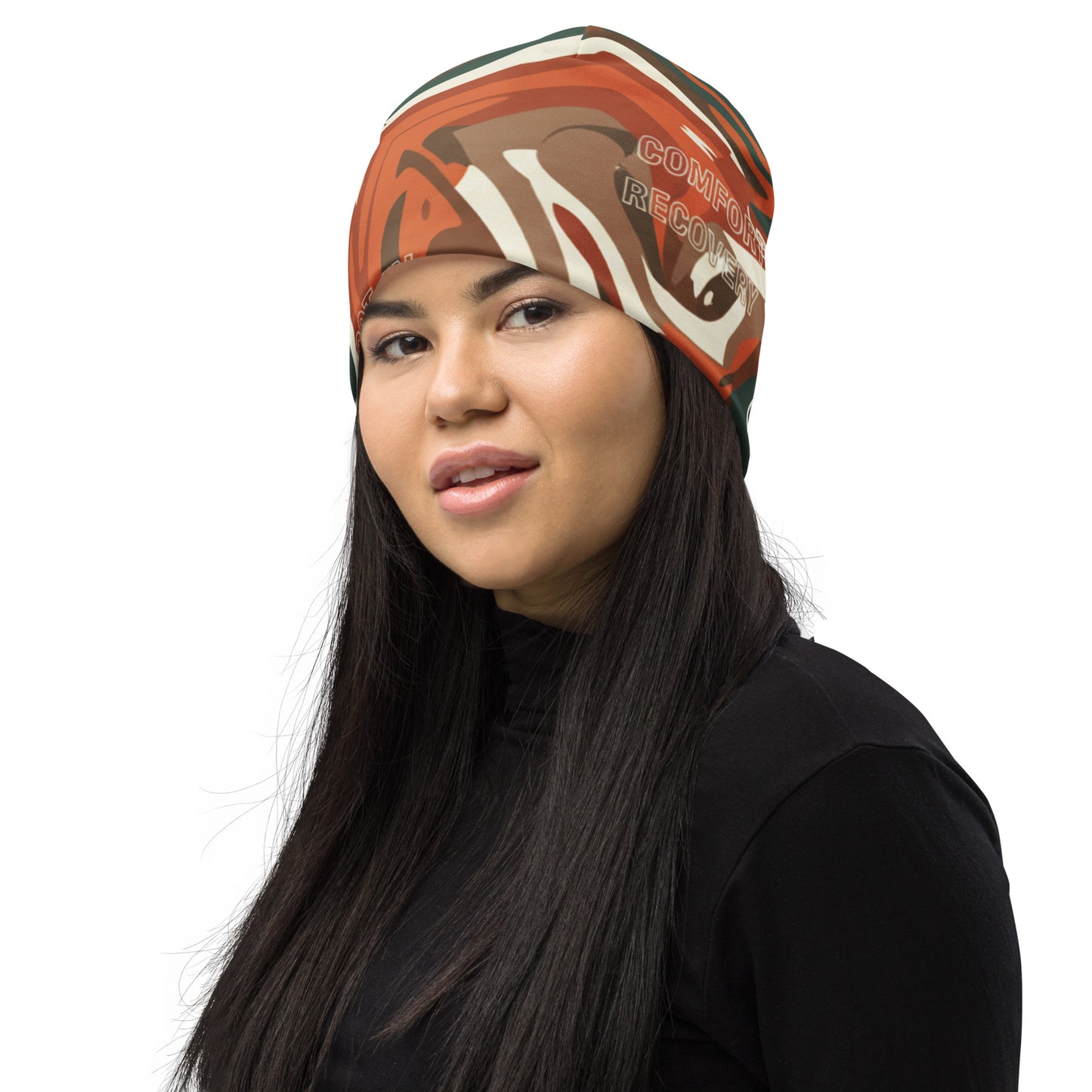 Woman wearing a colorful headscarf with 'Compton Records' branding on a white background