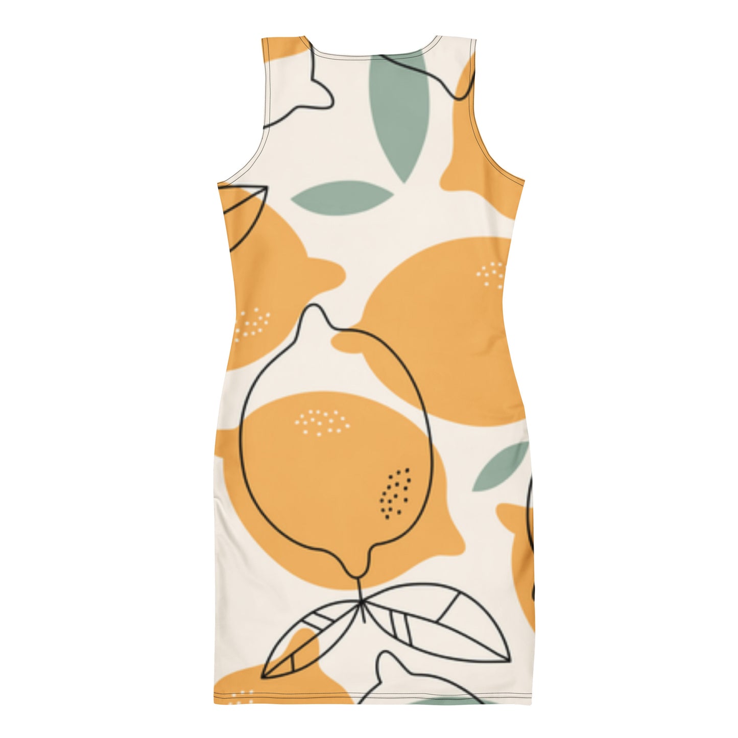 Sleeveless dress with orange and green abstract pattern on a white background