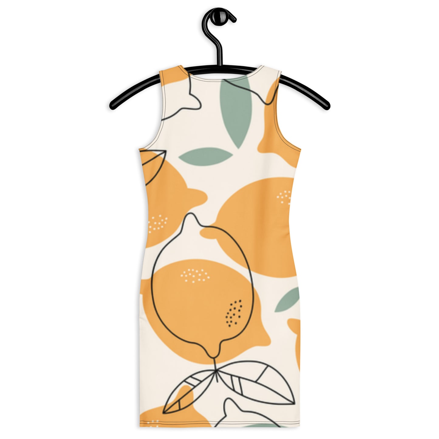 Sleeveless dress with orange and leaf pattern on a hanger against a white background