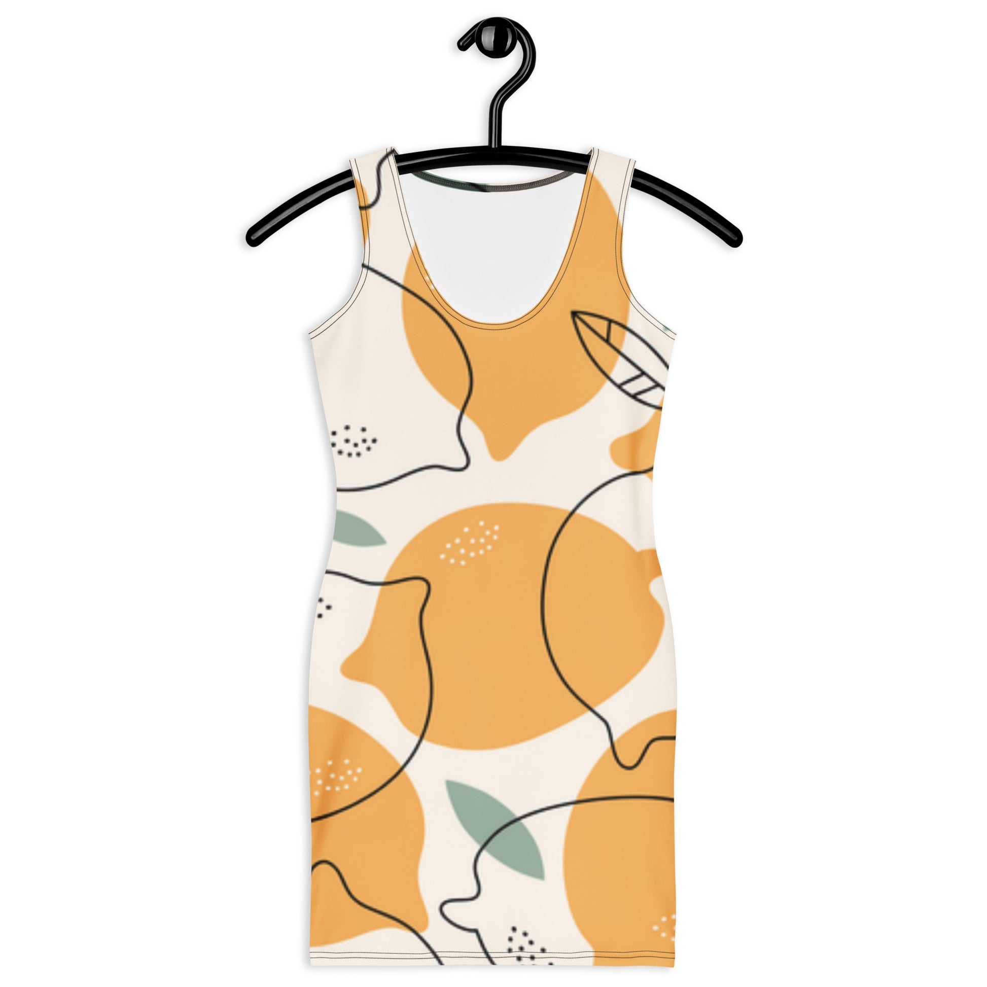 Sleeveless dress with orange and leaf pattern on a hanger against a white background