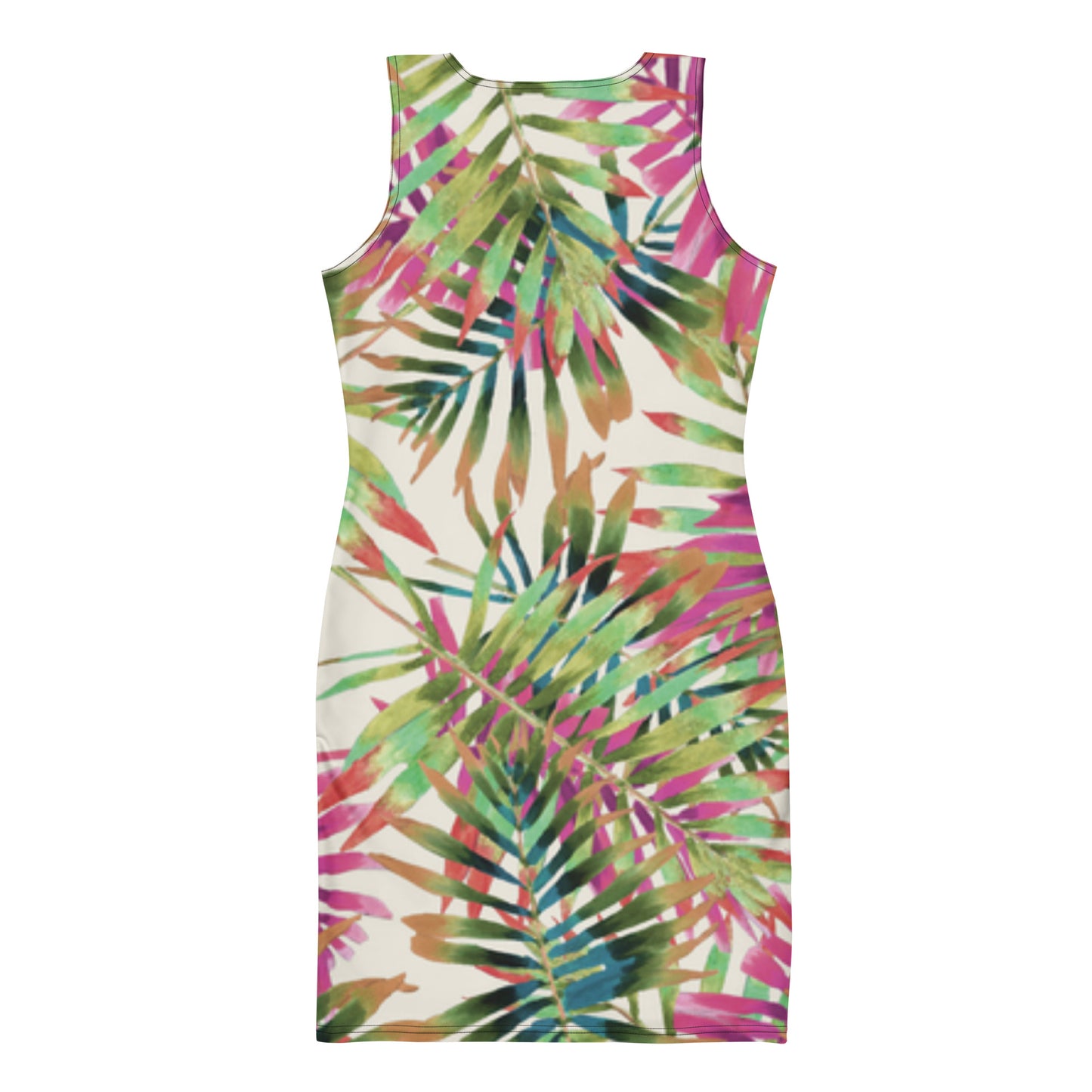 Colorful tropical leaf pattern dress on a white background
