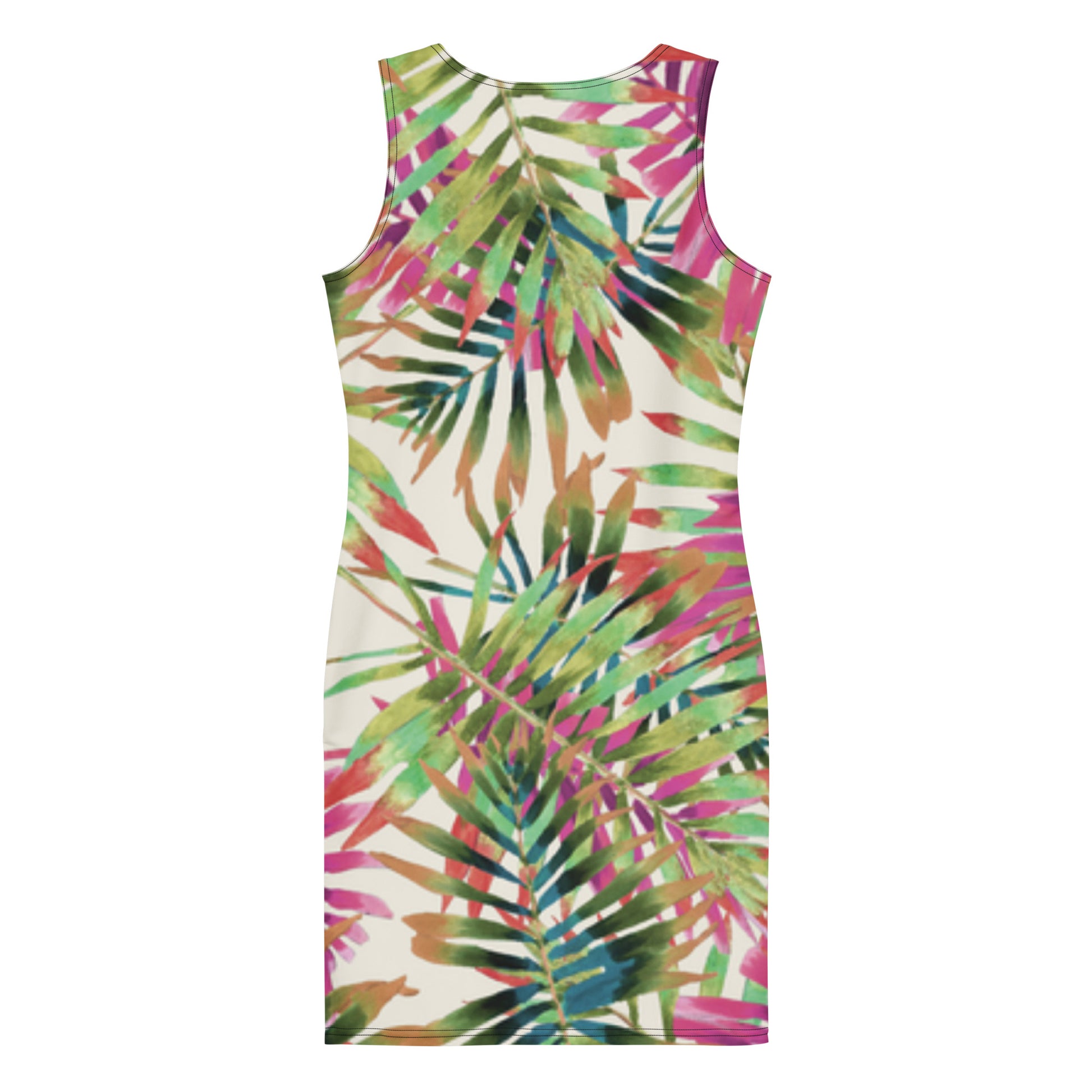 Sleeveless dress with colorful palm leaf pattern on a white background