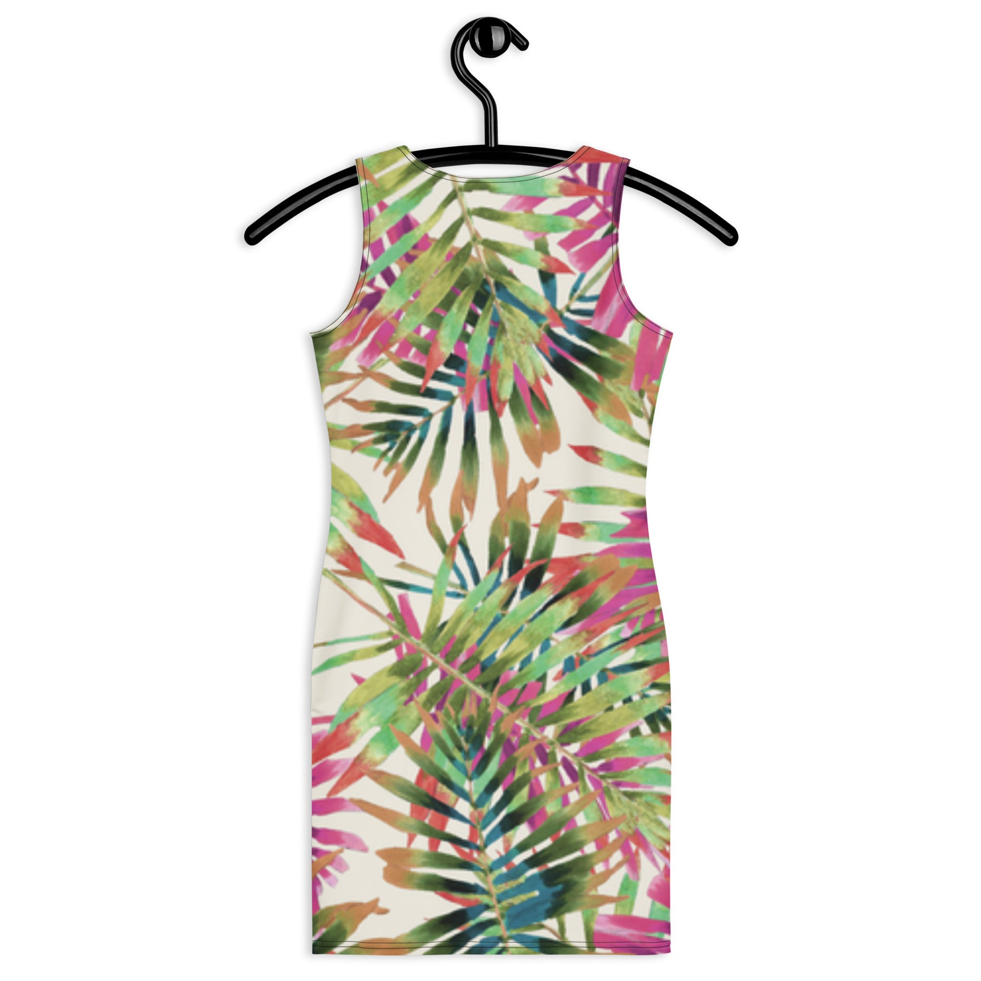 Multicolored palm leaf pattern dress on a hanger against a white background