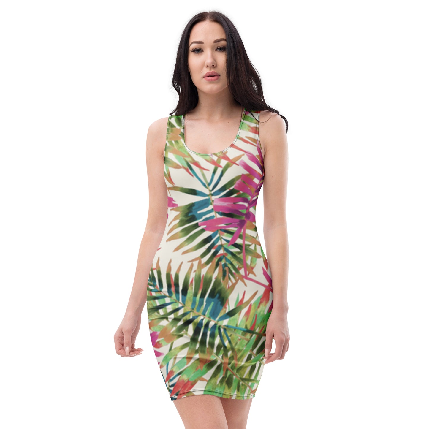 Woman wearing a colorful tropical leaf pattern dress on a white background