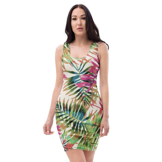Woman wearing a colorful tropical leaf pattern dress on a white background