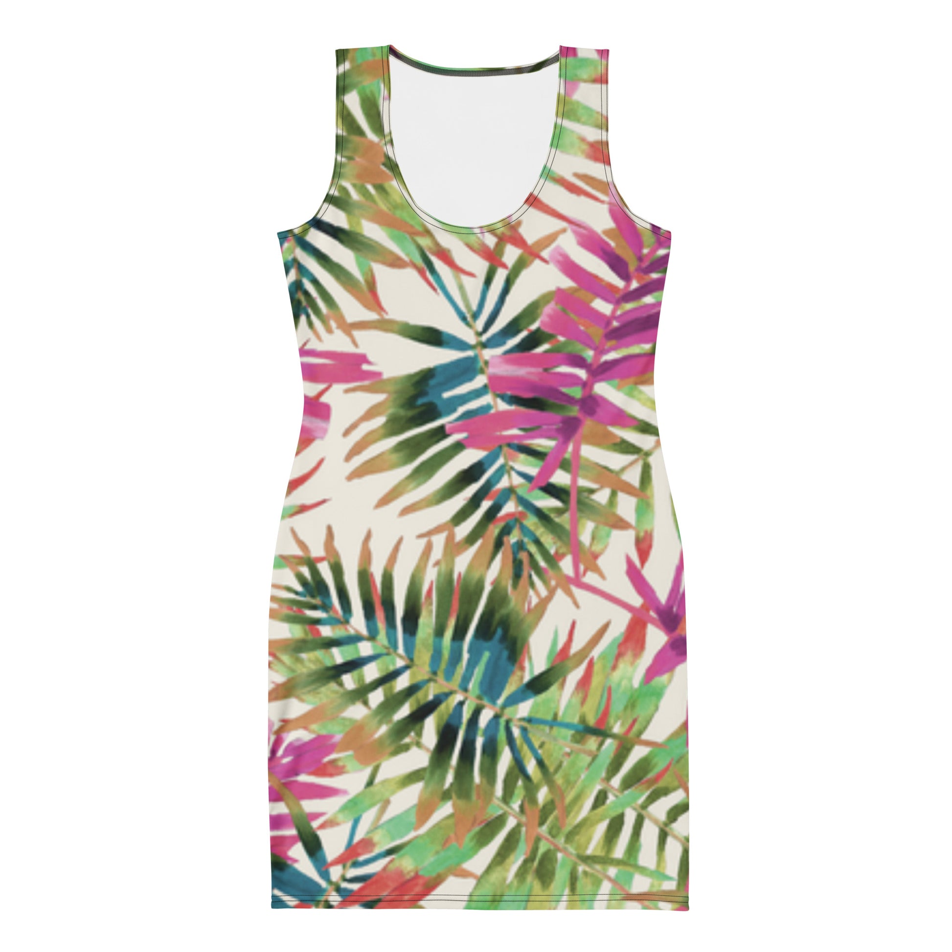 Colorful tropical leaf patterned dress on a white background