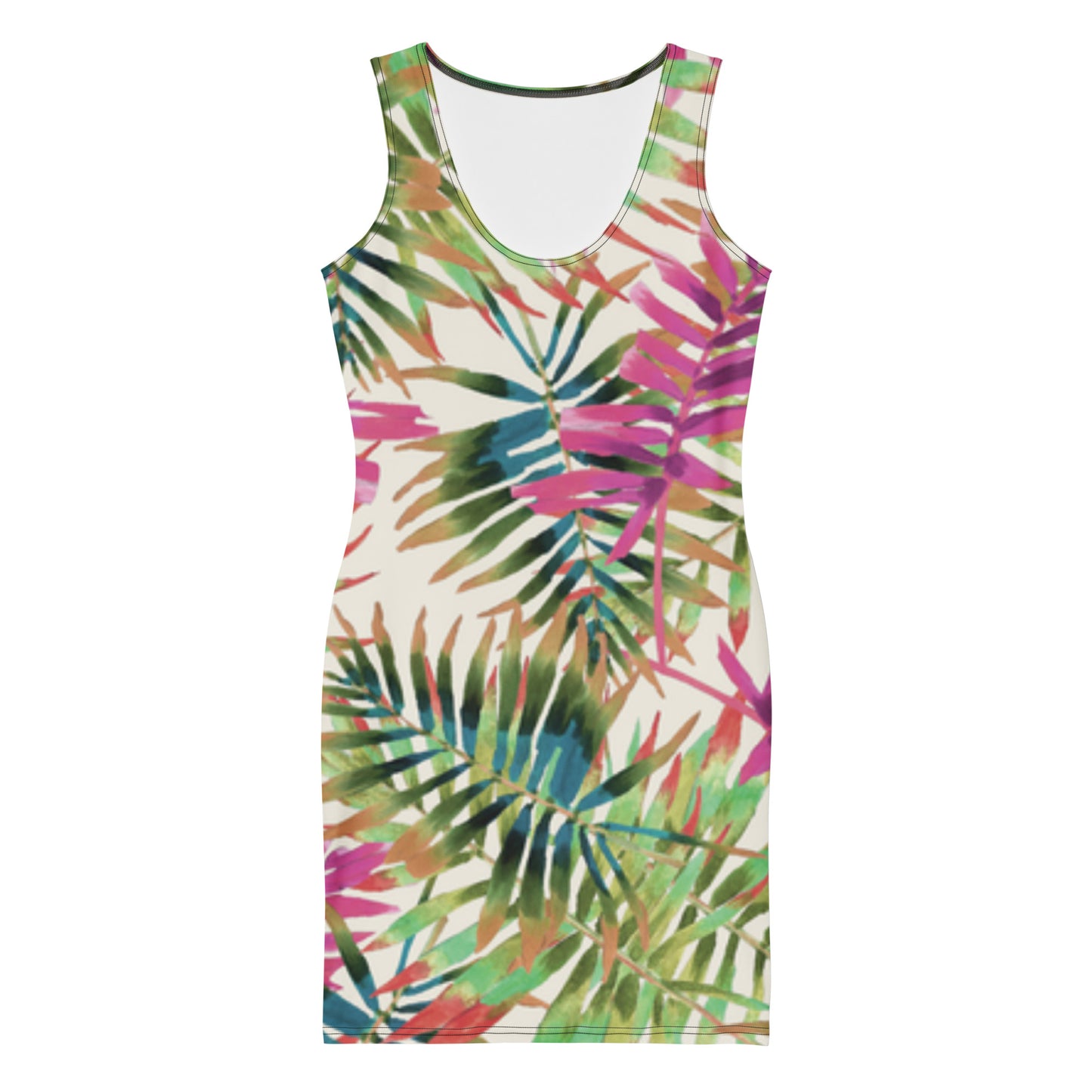 Sleeveless dress with colorful palm leaf pattern on a white background