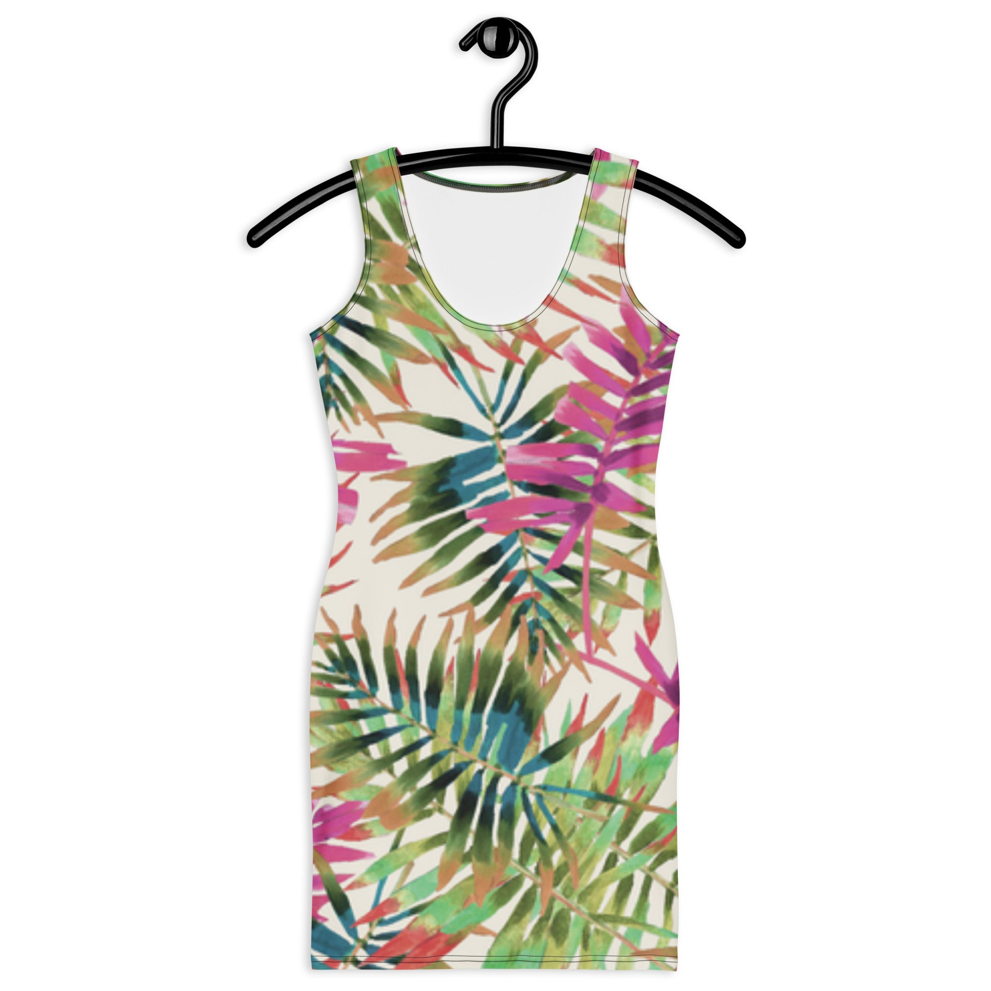 Multicolored tropical leaf patterned dress on a hanger against a white background