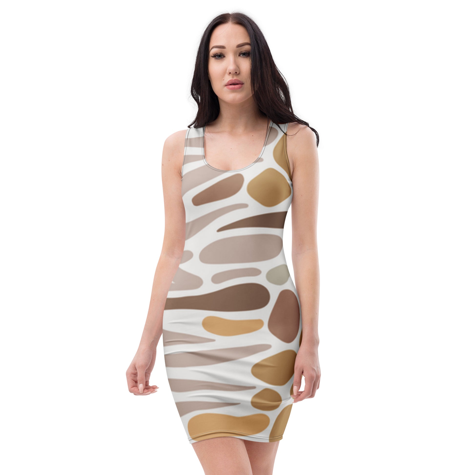 Woman wearing a sleeveless dress with abstract pattern on a white background