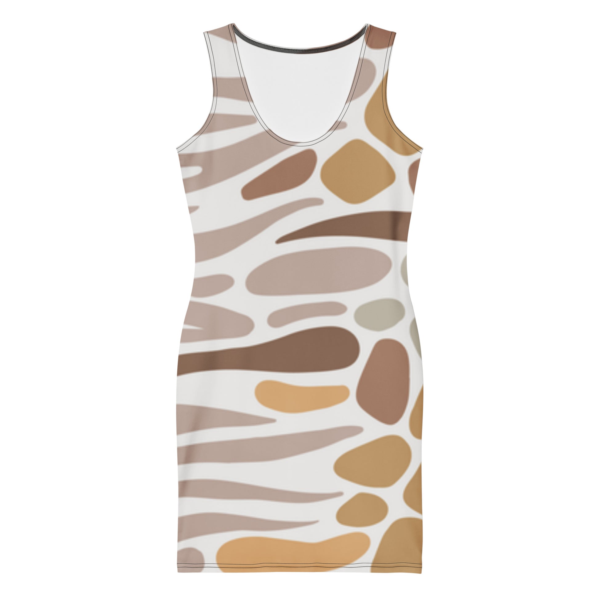 Sleeveless dress with abstract brown and beige pattern on a white background